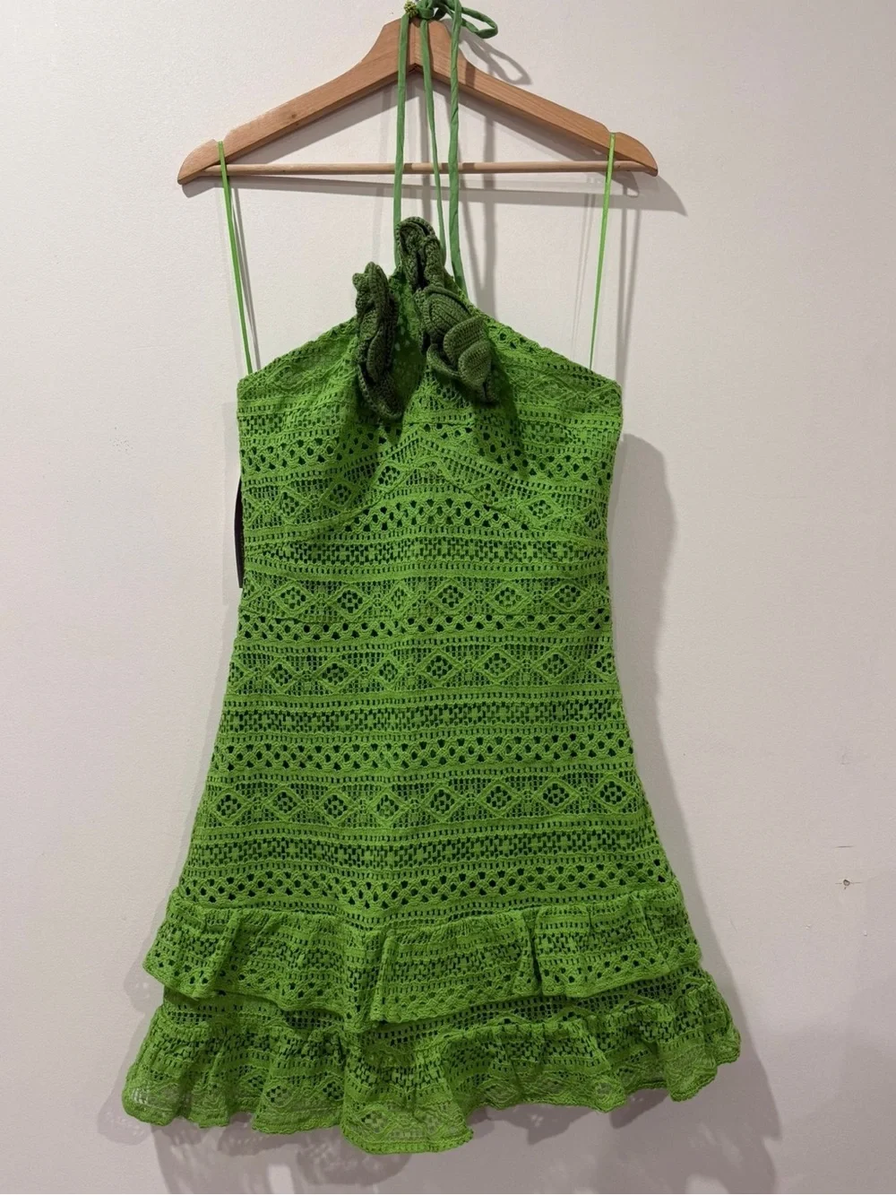 Farm Rio for Anthropologie Green Crochet Floral Halter Mini Dress Size M NWT - Picture 11 of 15